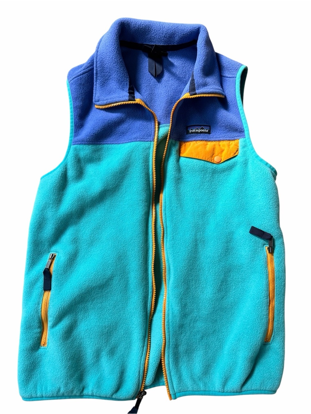 Men’s Patagonia Teal & Royal Blue Fleece Vest with Yellow Accents